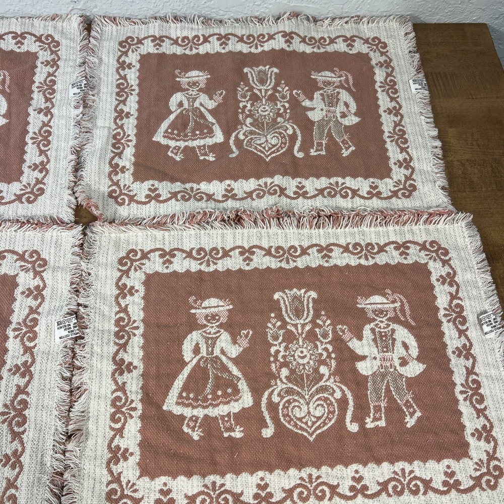 Vintage‎ Set Of 4 Austrian Placemats Pink Fringe Woven Folk Art Cotton/Linen - Picture 11 of 15
